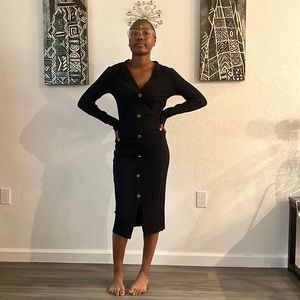 Black Faux Button Down V Neck Bodycon New M Zara